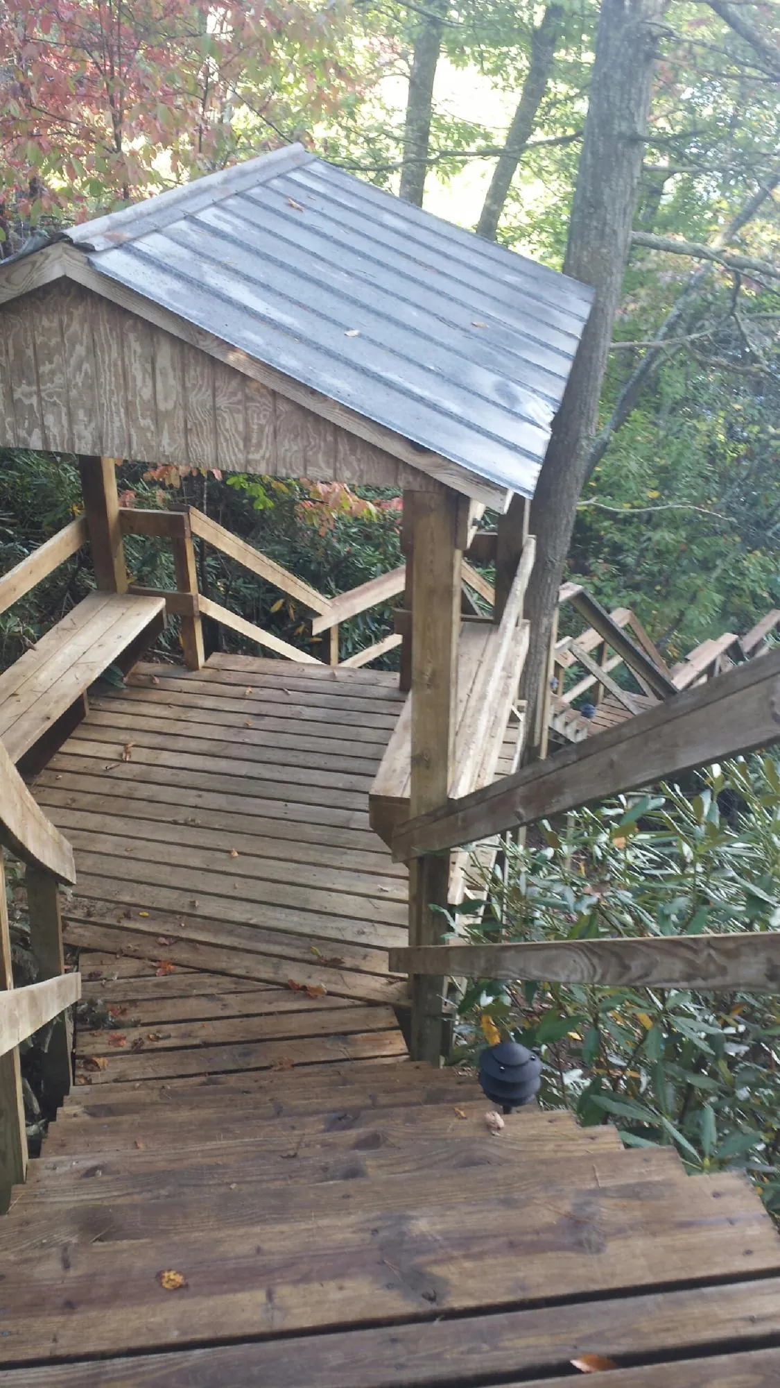 Metal roofed shelter over wooden steps on a wooded walkway — Skylight Repair & Installation work by our crew in Mount Sterling